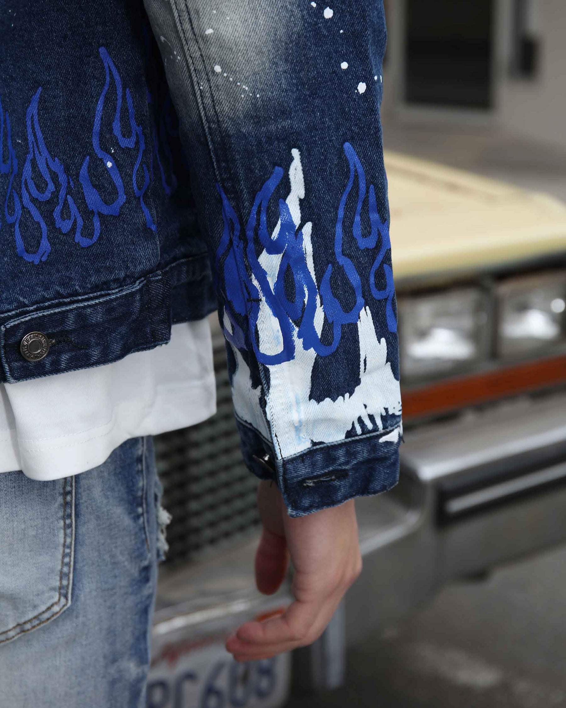 Blue Denim Jacket with Street Graffiti and Ripped