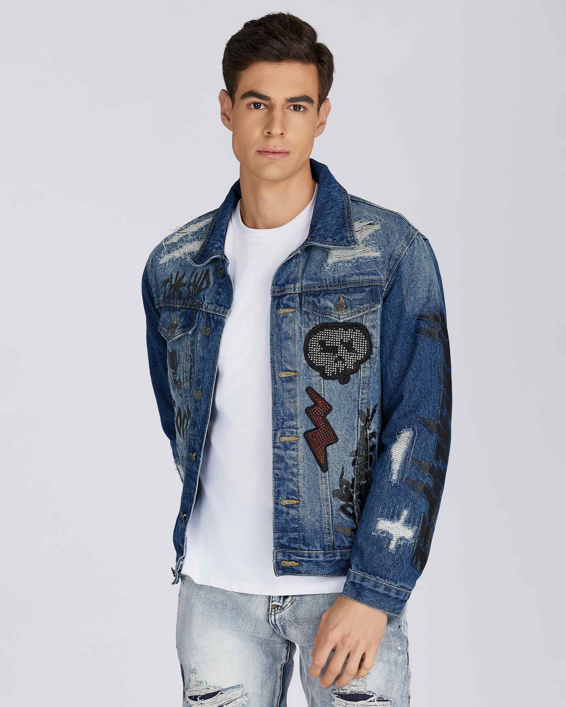 Blue Denim Jacket with Gradient Wash and Embroidery