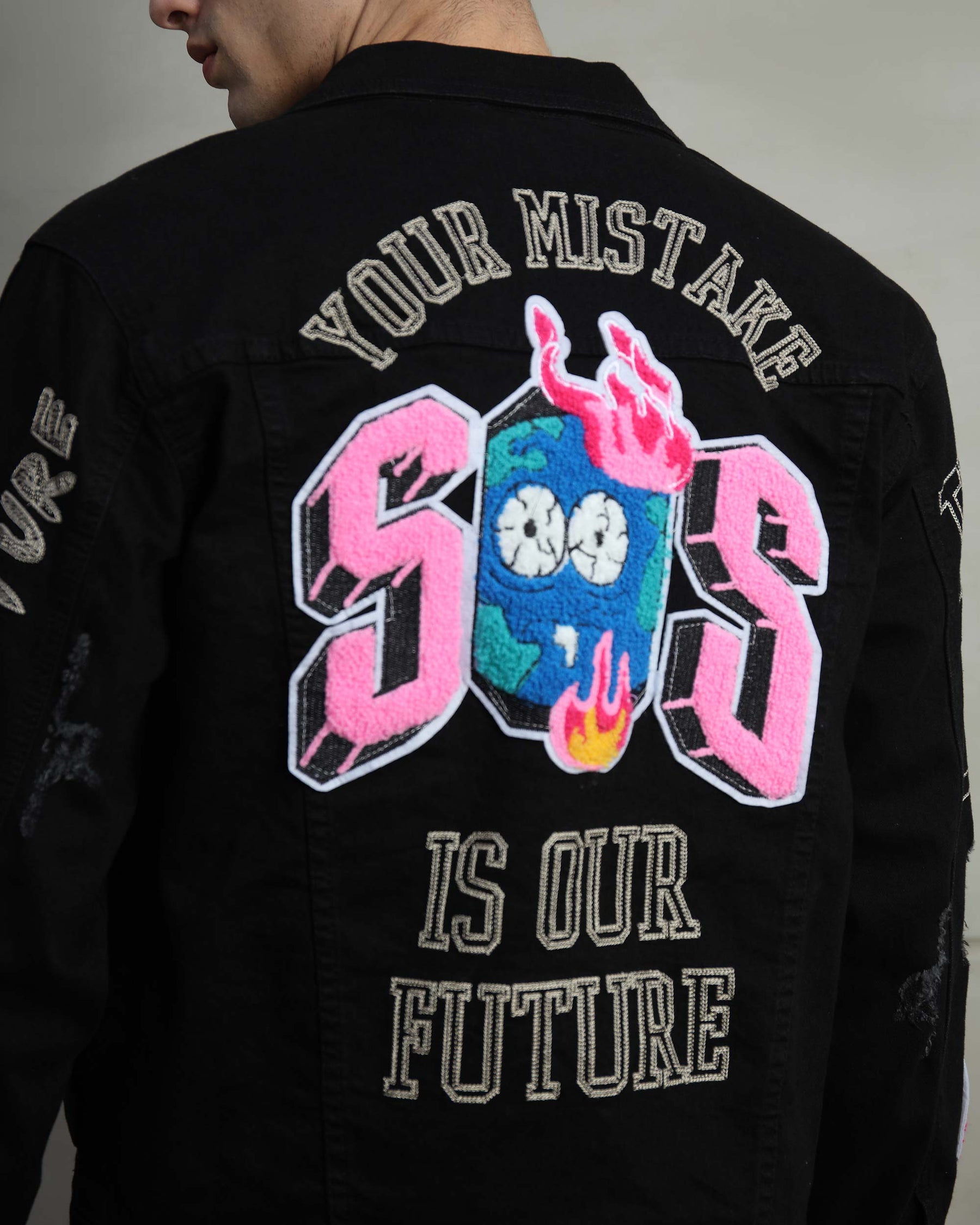 Ripped Black Denim Jacket with Embroidery and graffiti