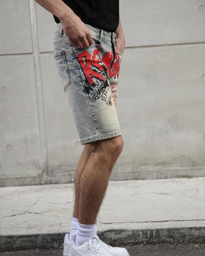 Retro Distressed Blue Denim Shorts with Street Graffiti