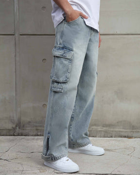 Distressed Blue Baggy Jeans with Cargo Design