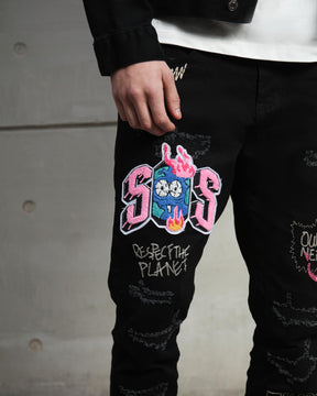 Black Streetwear Patchwork Ripped Jeans