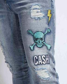 Light Wash Ripped BlueJeans with Skull Embroidered