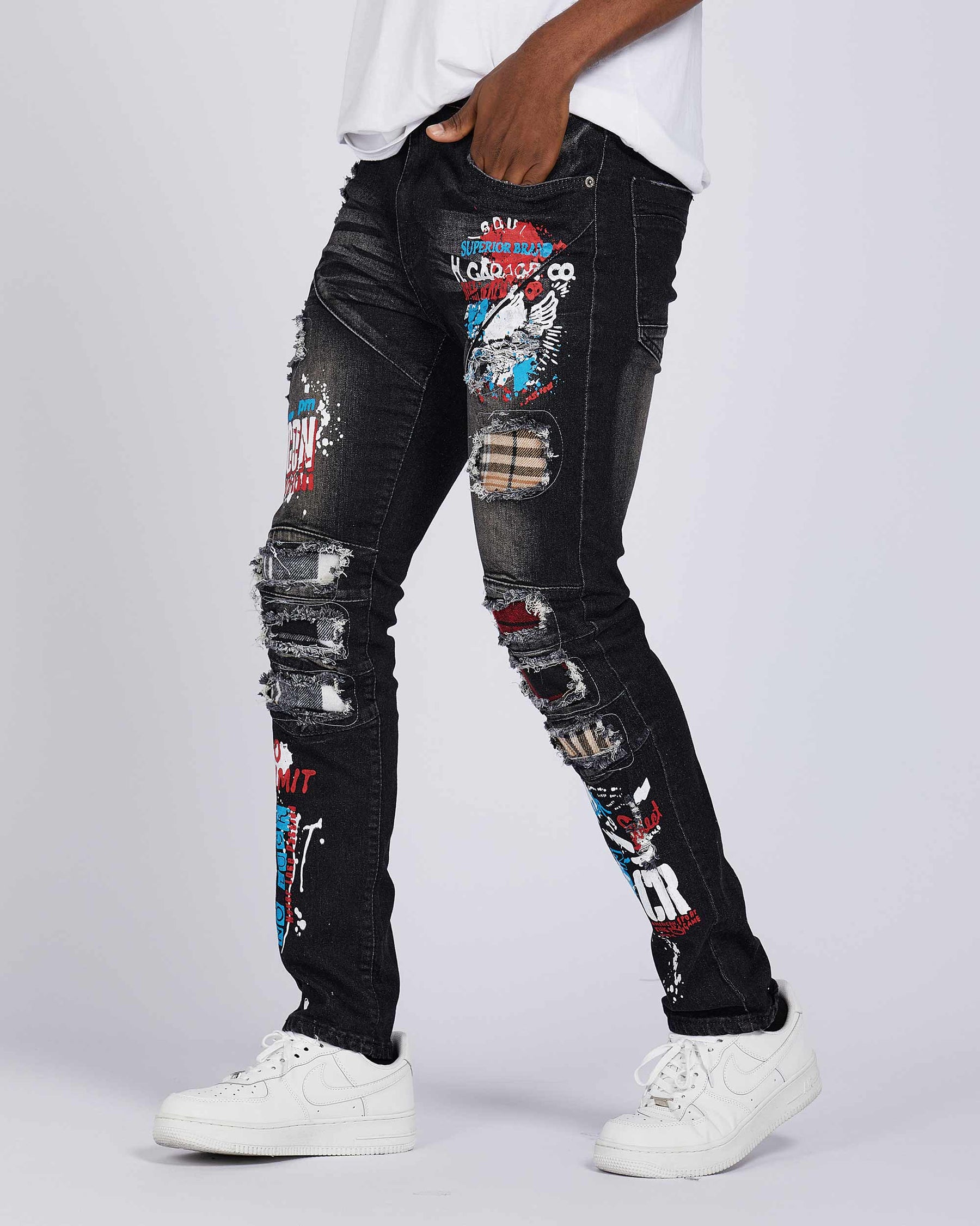 Slim Fit Rip & Repair Black Jeans with Cartoon Painted