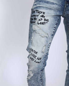 Light Wash Irregular Ripped Blue Jeans with Color Print