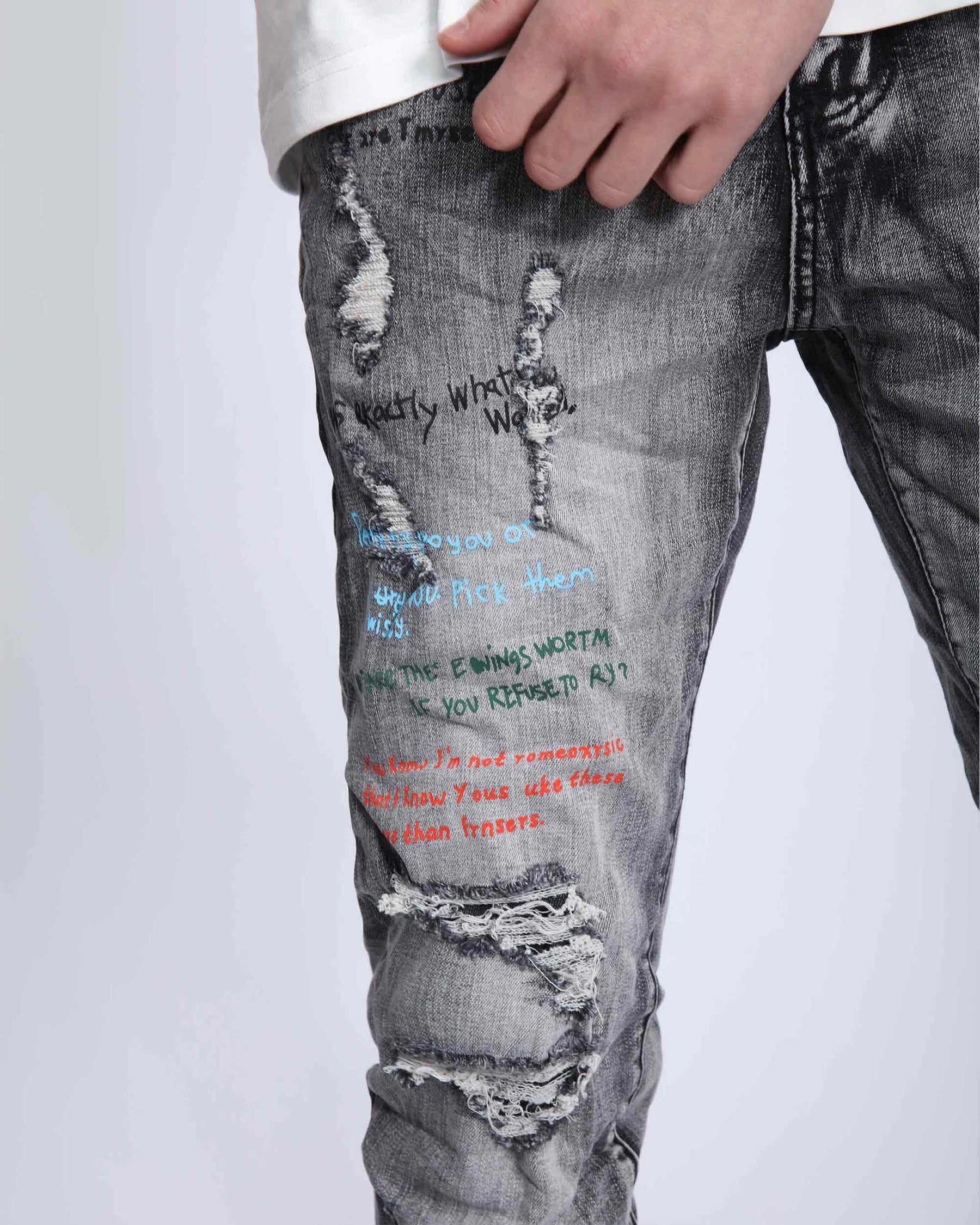 Gray Slim Fit Jeans with Graffiti Style Ripped Design