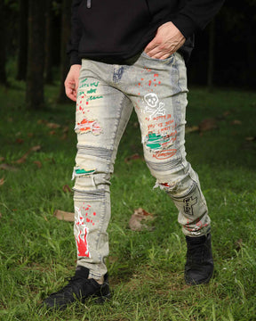 Hip-Hop Style Distressed Ripped Blue Jeans with Graffiti Style