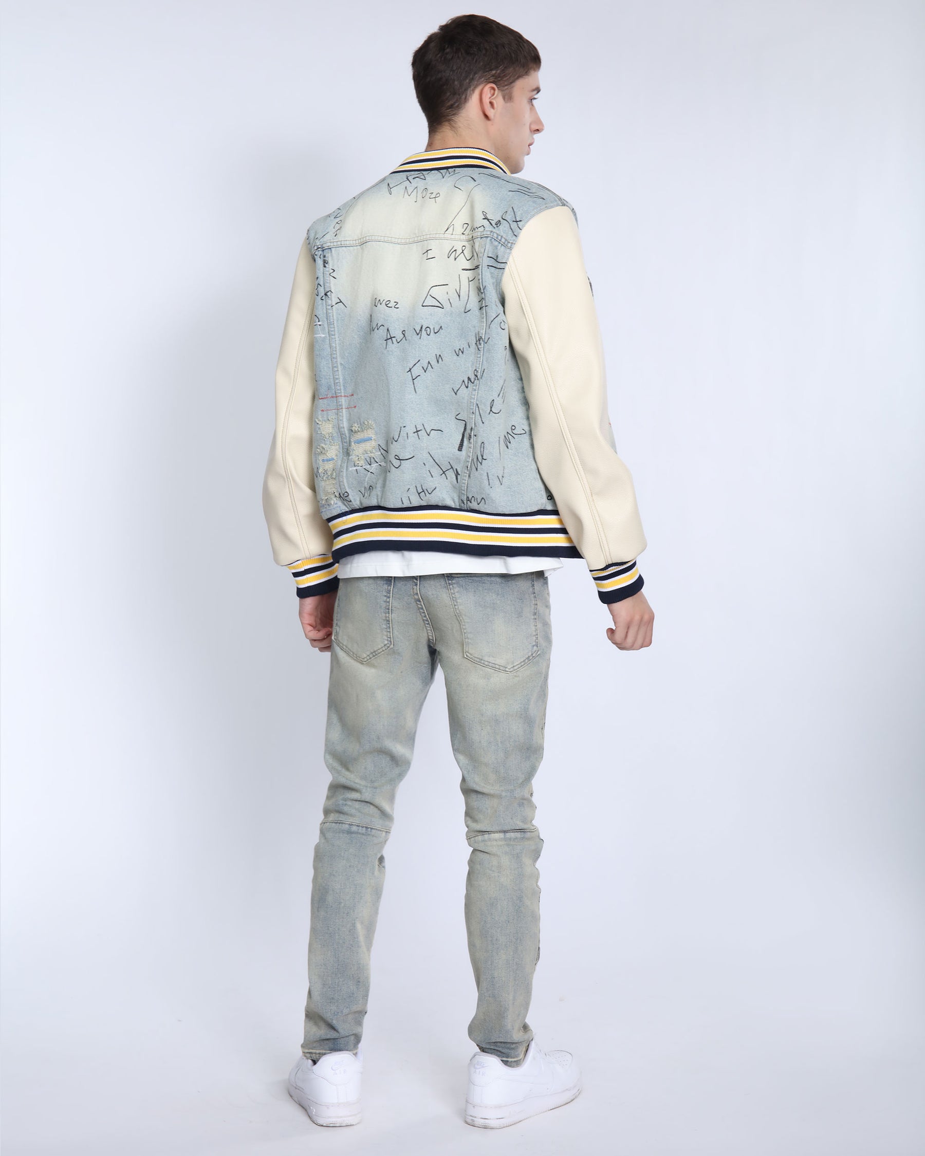 Retro Baseball Denim Jacket with Distressed Details