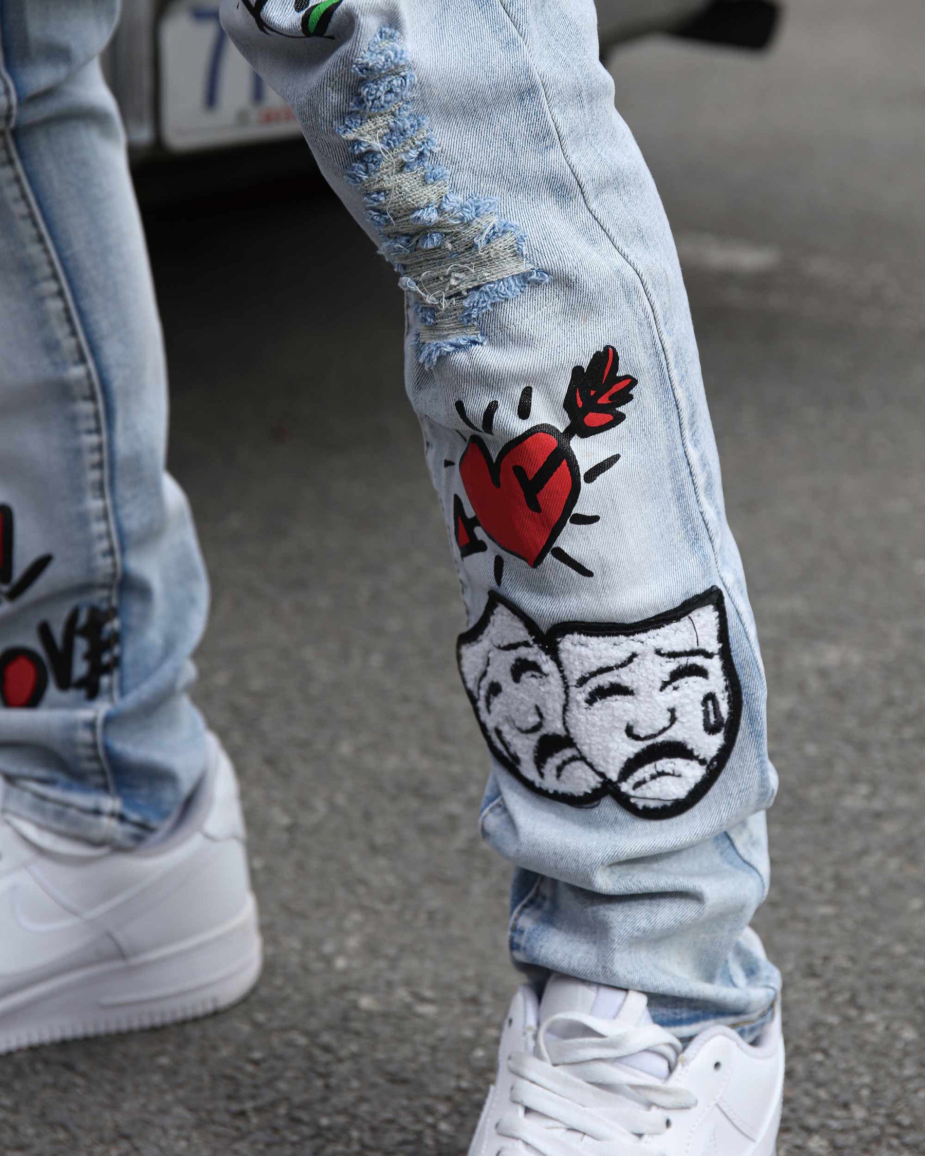 Medium Wash Slim Fit Blue Graffiti Painted Ripped Jeans