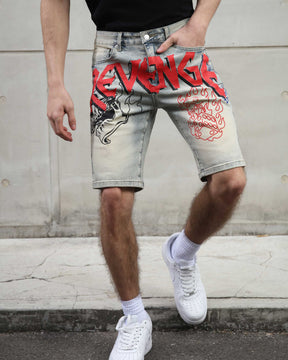 Retro Distressed Blue Denim Shorts with Street Graffiti