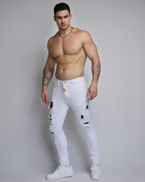 White Ripped Jeans with Dimond Patch