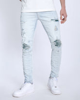 Light Wash Ripped Blue Jeans with Green Cashew flower patch