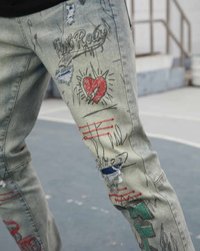 Jeans lavados azules rotos con graffiti con detalles-Entrega local en México