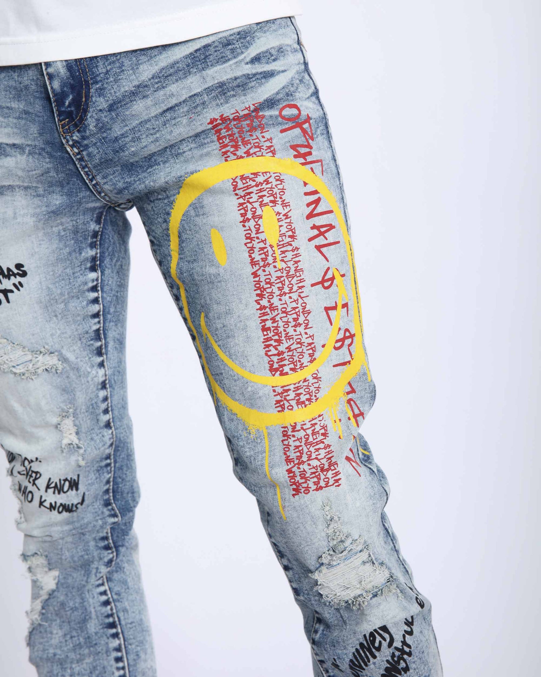 Light Wash Irregular Ripped Blue Jeans with Color Print