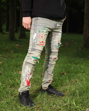 Hip-Hop Style Distressed Ripped Blue Jeans with Graffiti Style