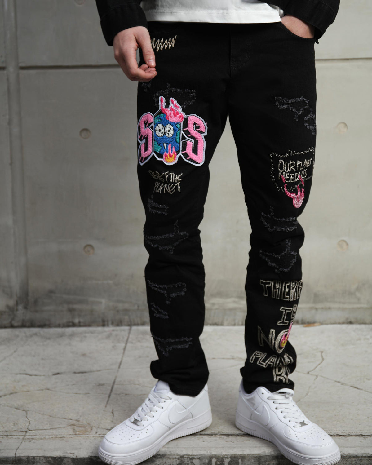 Black Streetwear Patchwork Ripped Jeans