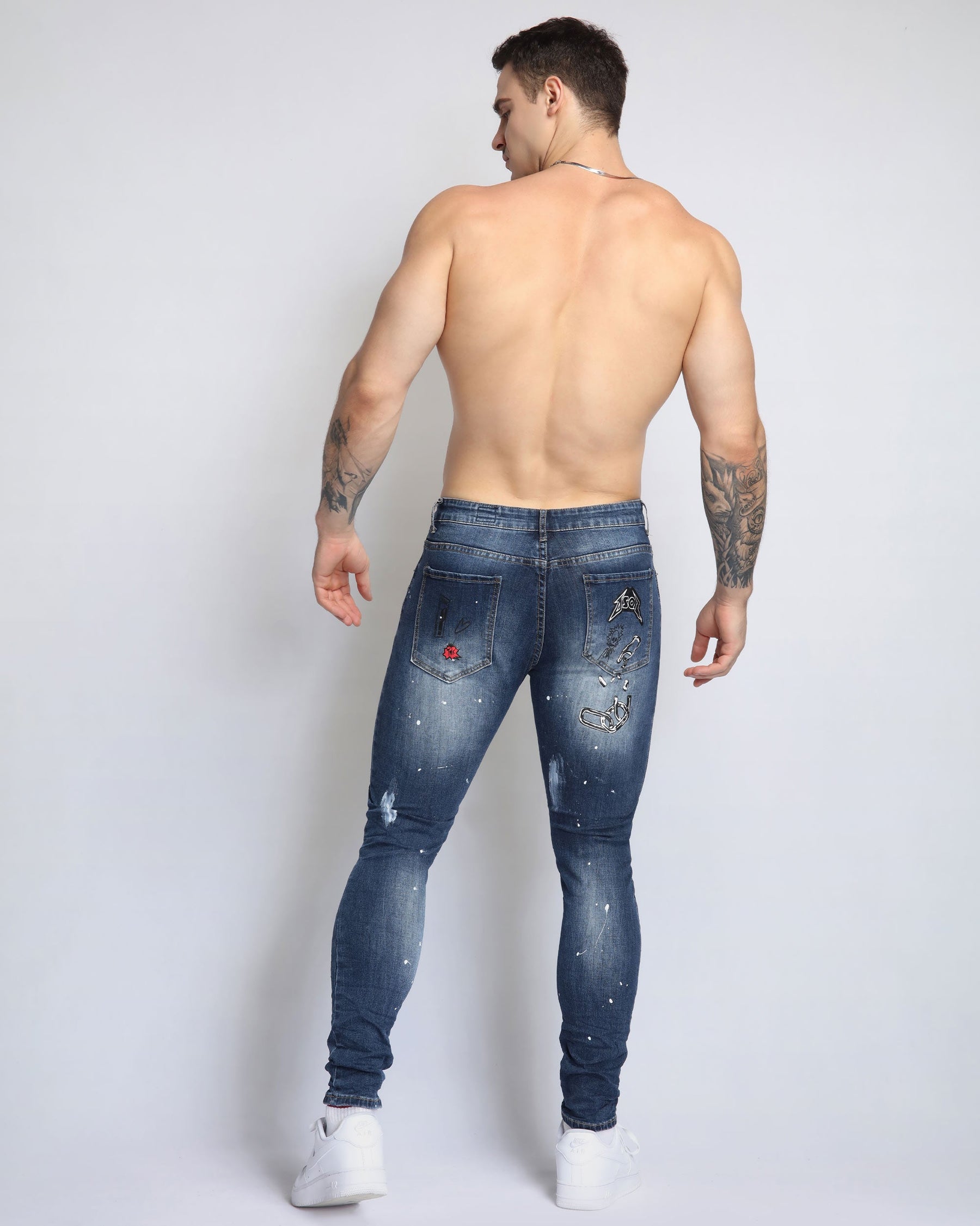 Dark Blue Ripped Jeans with Graffiti Printing