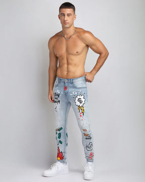 Anime-Inspired Style Light Wash Ripped Blue Jeans