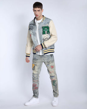 Retro Baseball Denim Jacket with Distressed Details