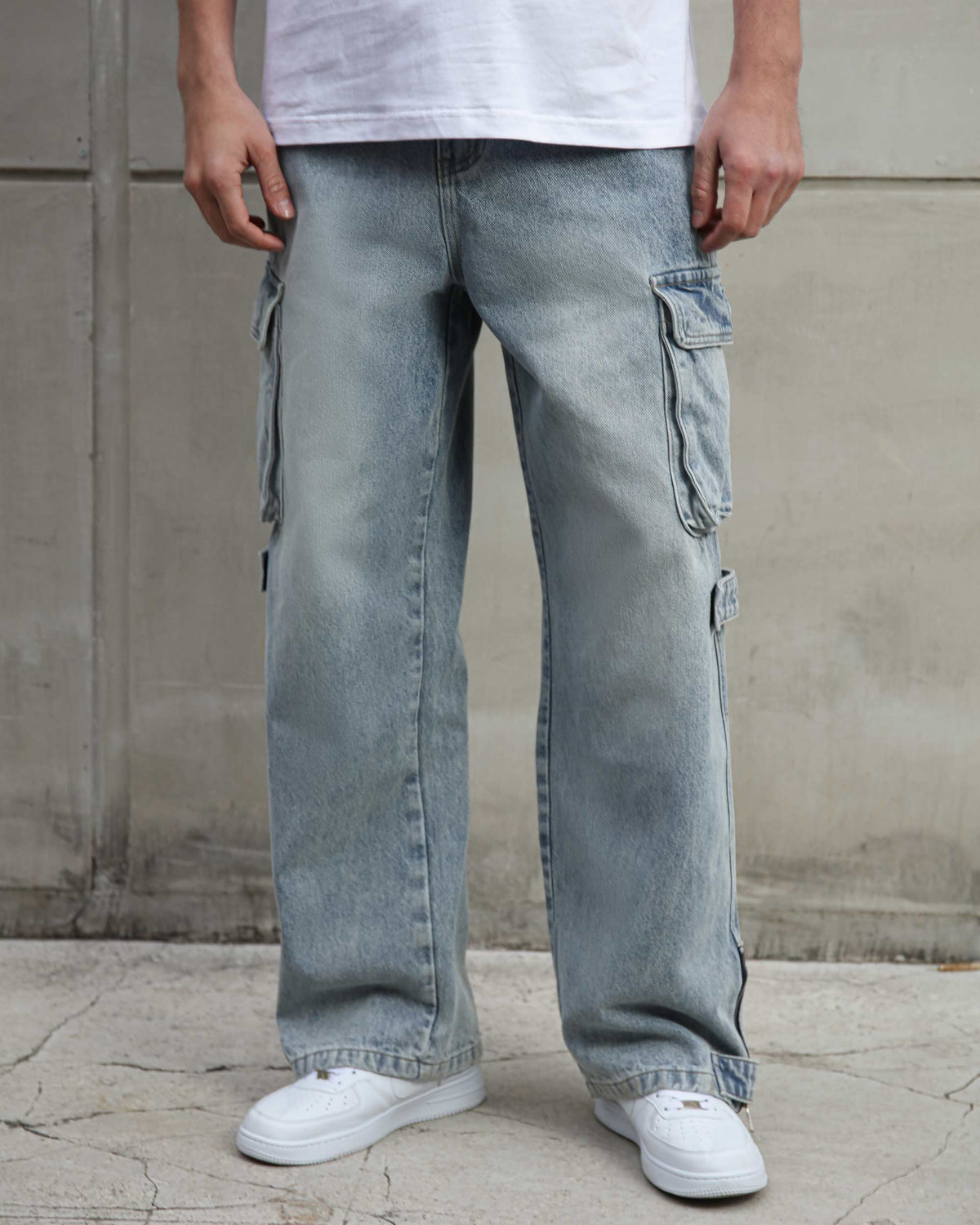 Distressed Blue Baggy Jeans with Cargo Design