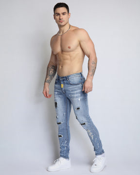 Durable Ripped Blue Jeans with Dimond Patch