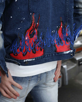 Blue Denim Jacket with Street Graffiti and Ripped