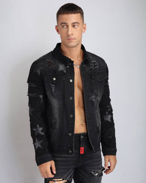 Ripped Black Denim Jacket with Star Patches