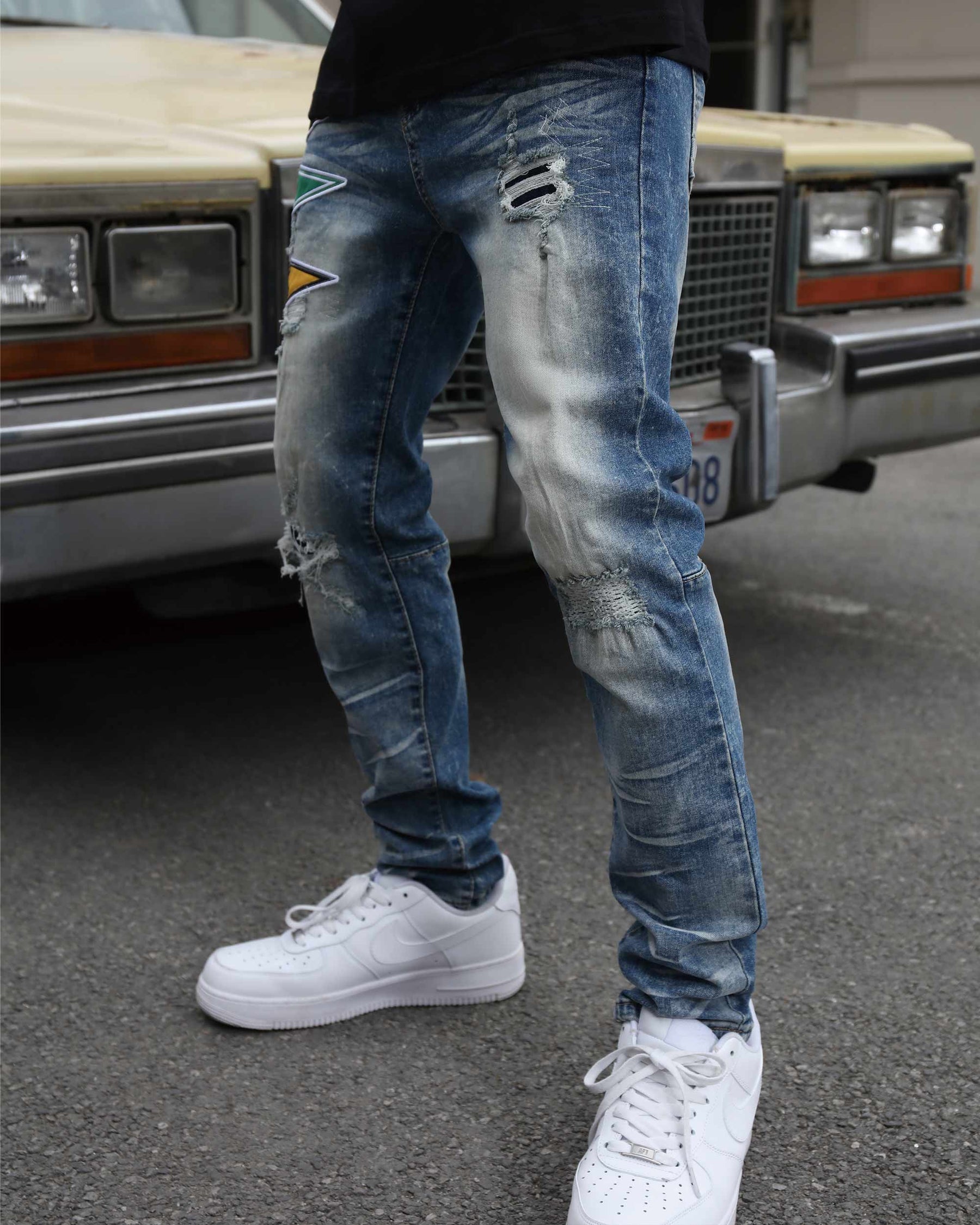 Medium Wash Blue Distressed Jeans with Flag Patch