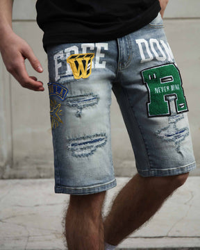 Ripped & Repaired Blue Denim Shorts with Embroidery