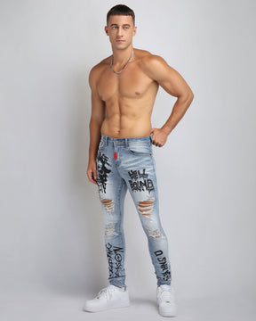 Large Ripped Blue Jeans with Skull Design