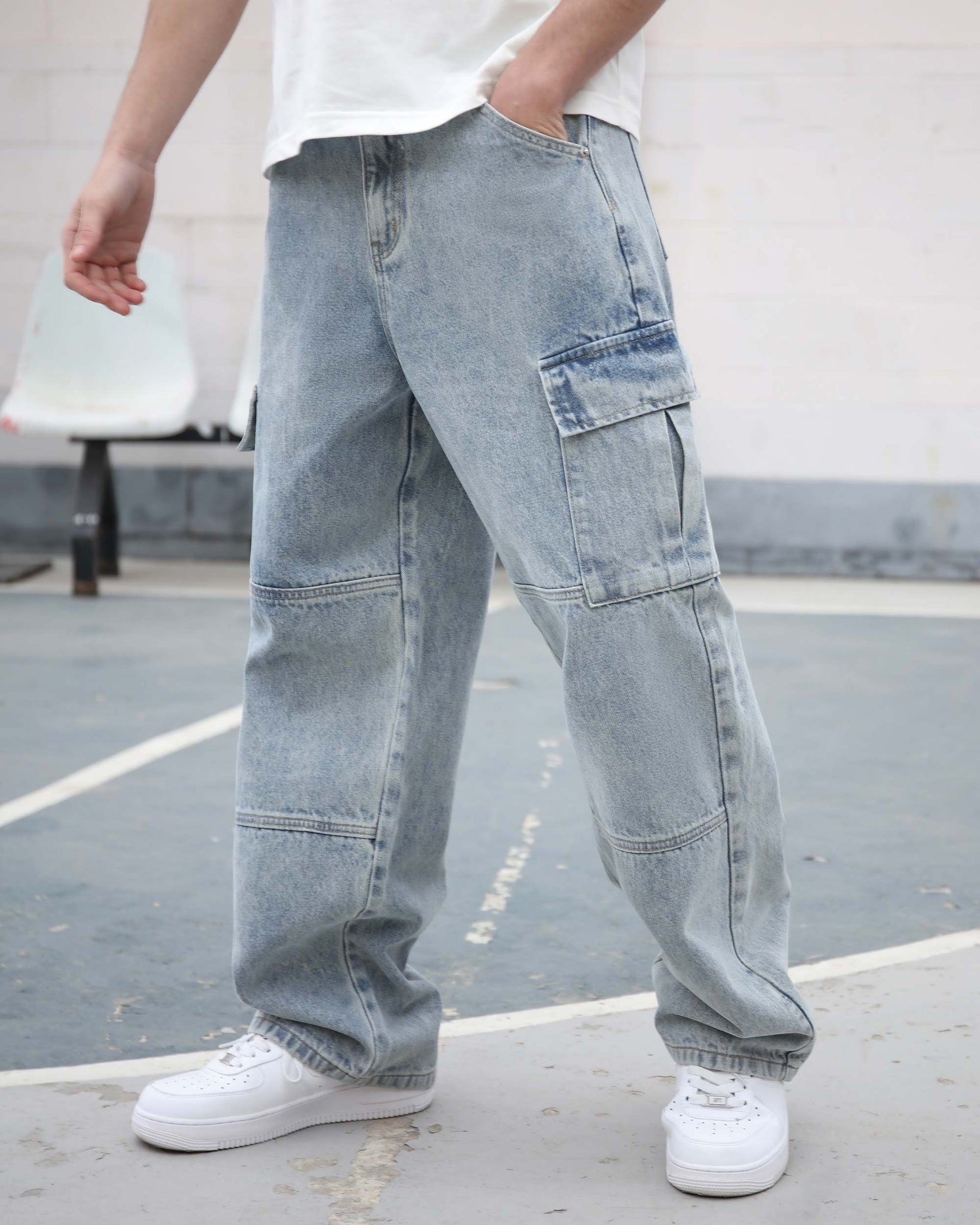 Workwear Blue Loose Jeans with Large Pockets