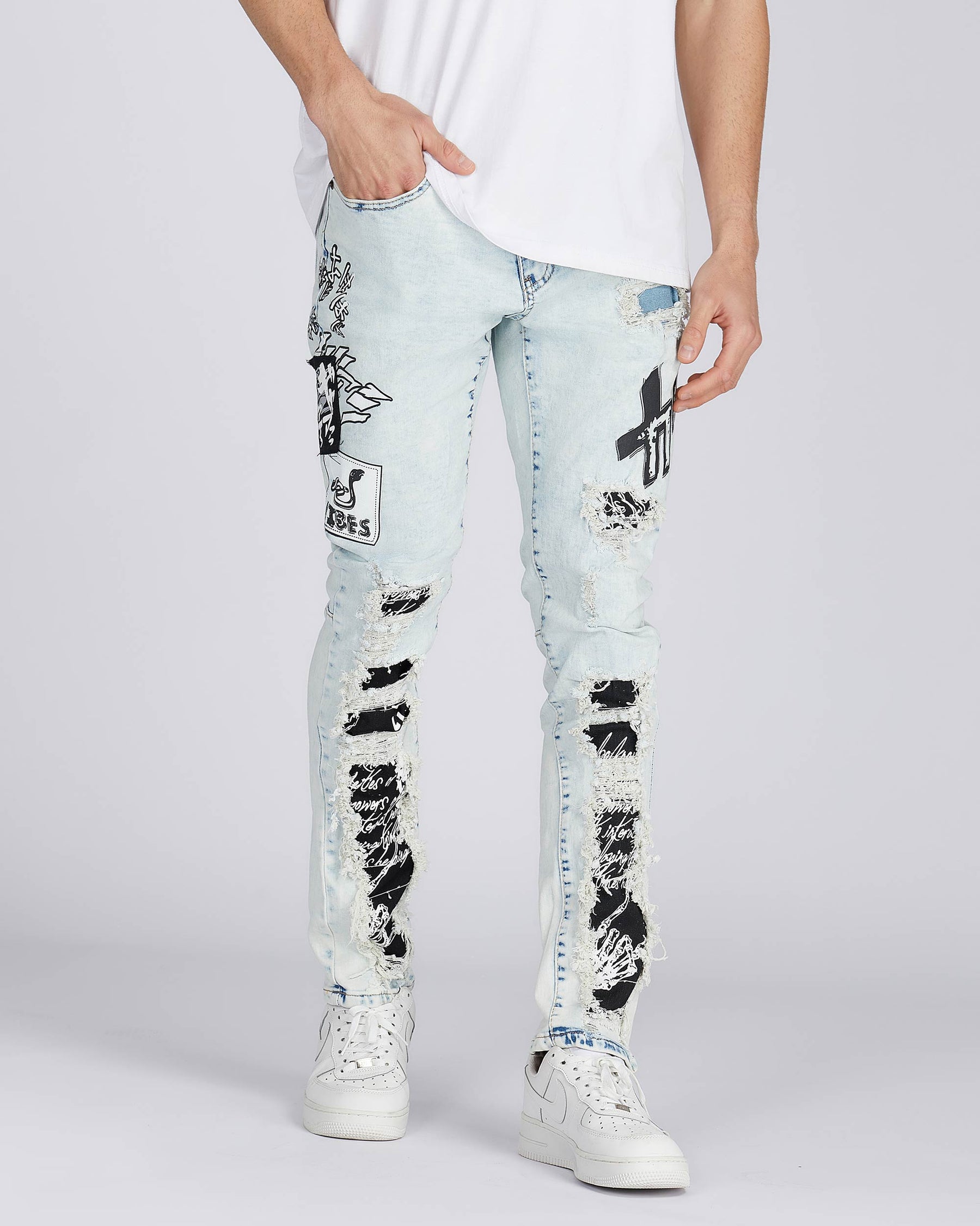 Distressed Blue Jeans with Faded Spray Painted Design