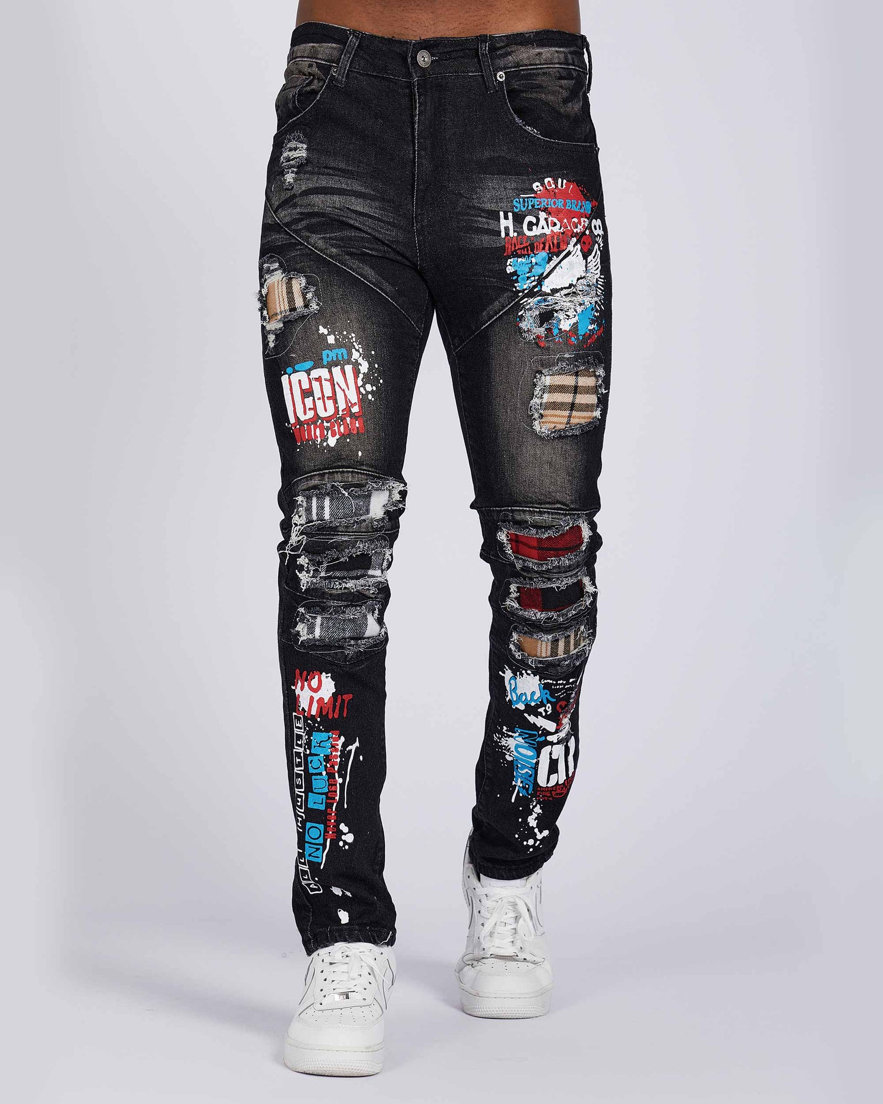 Slim Fit Rip & Repair Black Jeans with Cartoon Painted