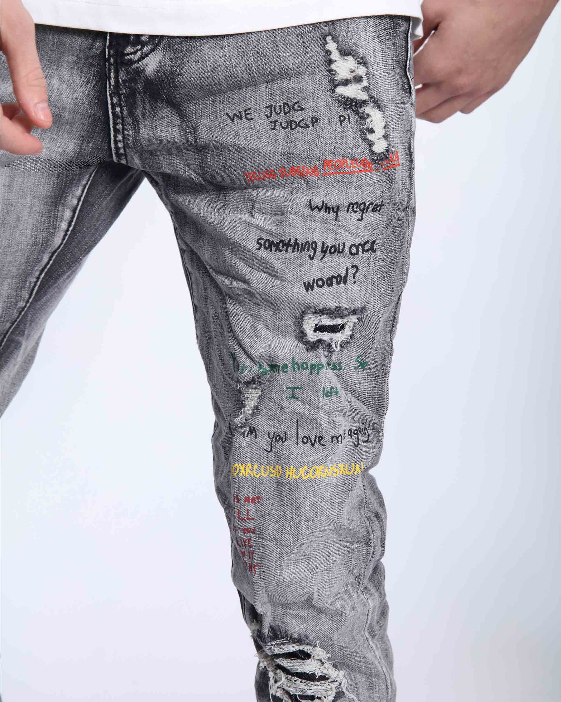 Gray Slim Fit Jeans with Graffiti Style Ripped Design