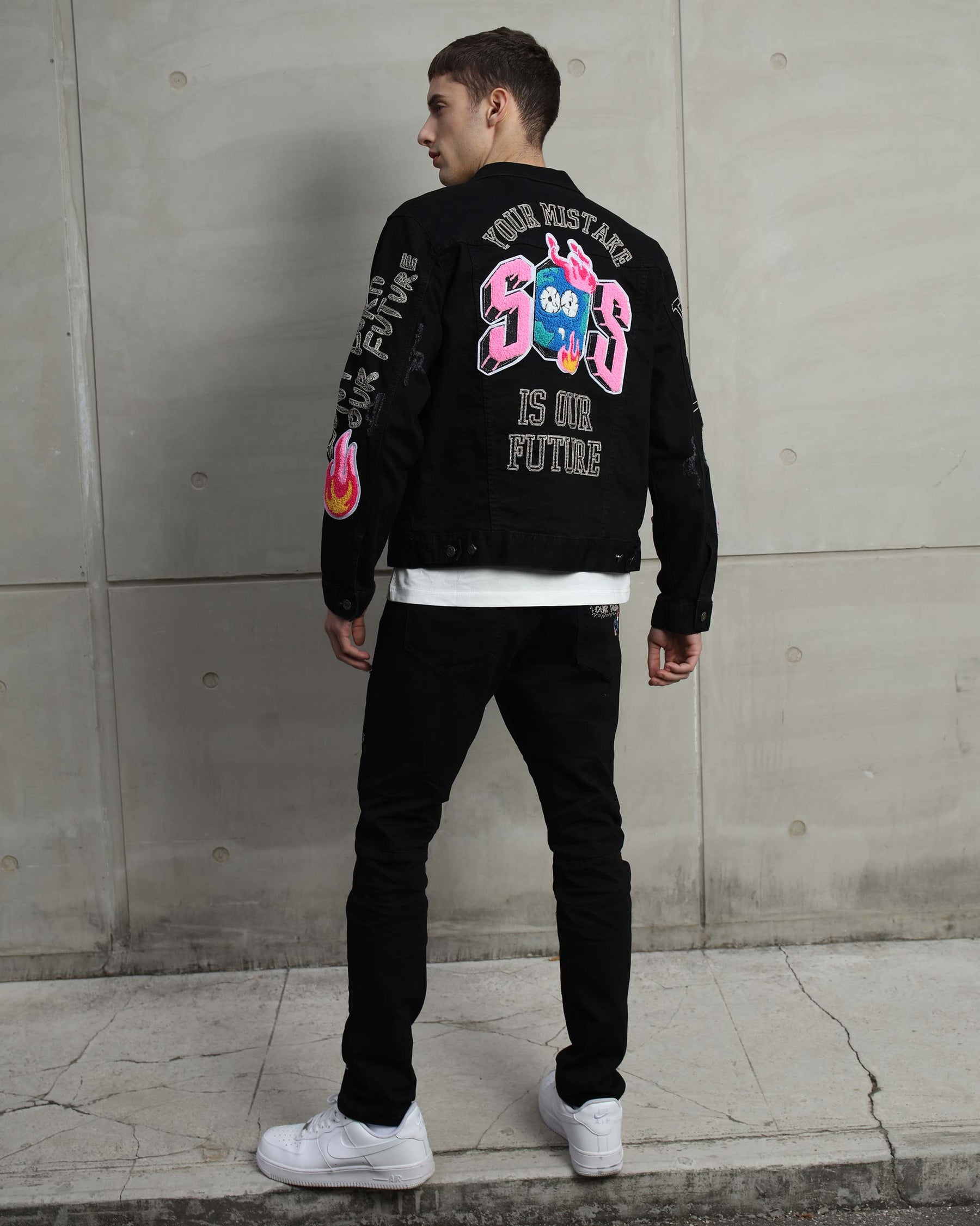 Ripped Black Denim Jacket with Embroidery and graffiti