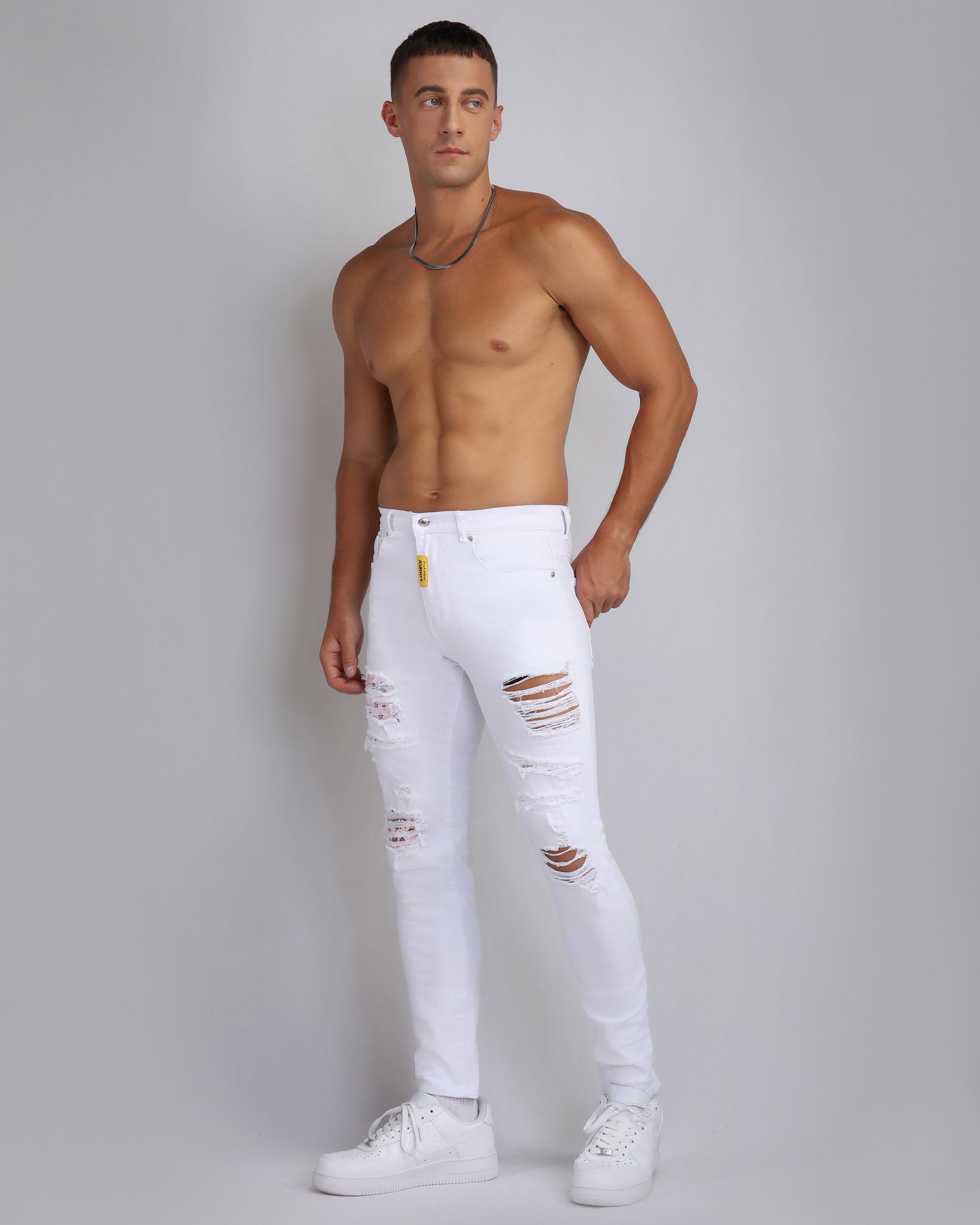 Irregular Ripped White Jeans with Pink Patches