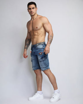 Blue Cargo Denim Shorts with Badge and Webbing Design