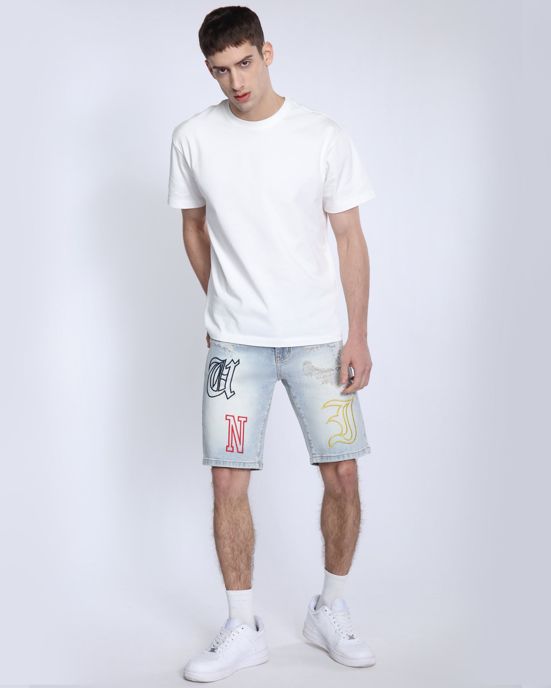 Light Wash Blue Denim Shorts with Letter Print