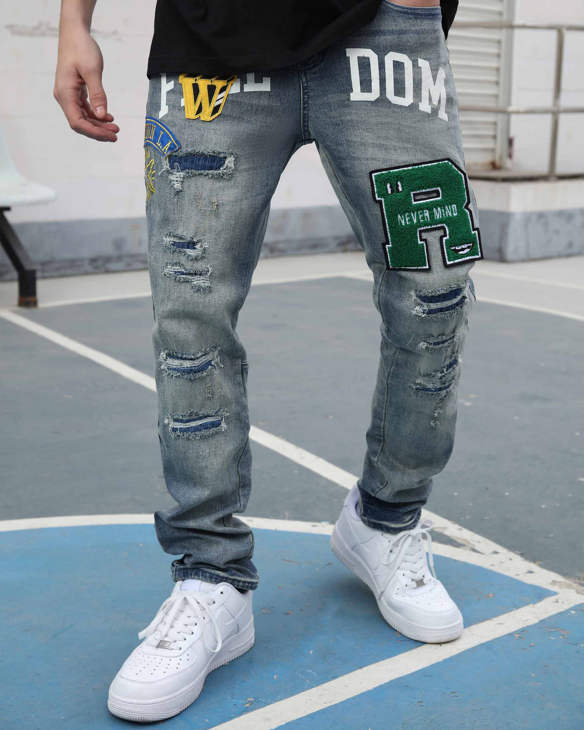 Ripped Blue Washed Edgy Jeans with Patchwork-Mexico Local Delivery