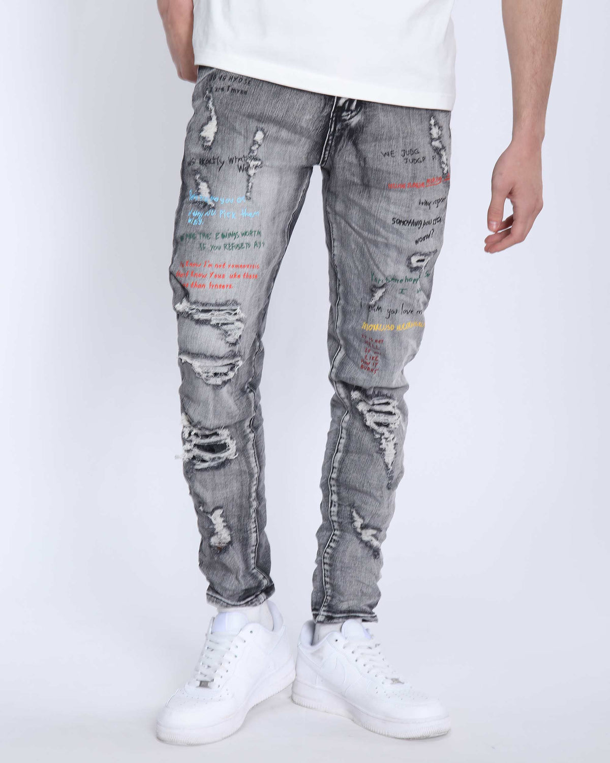 Gray Slim Fit Jeans with Graffiti Style Ripped Design
