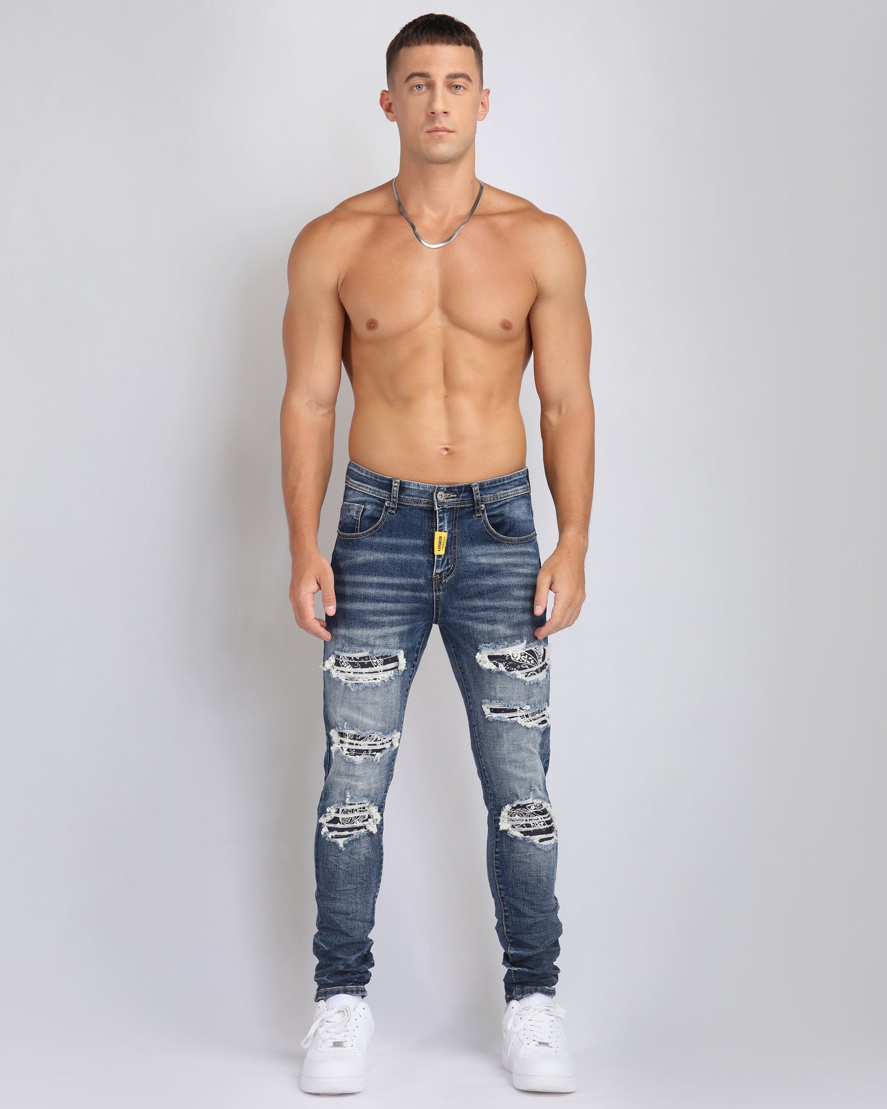 Medium Wash Ripped Blue Jeans with Cashew Flower Patch