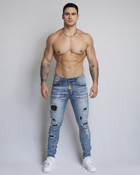 Durable Ripped Blue Jeans with Dimond Patch