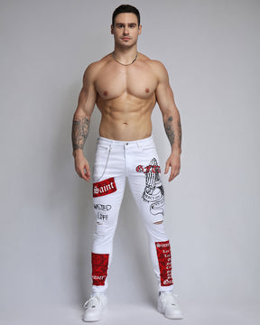 Graffiti Ripped White Jeans with Red Patches and Cashew Flower Elements