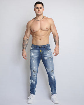 Irregular Paint Blue Ripped Jeans in Medium Wash