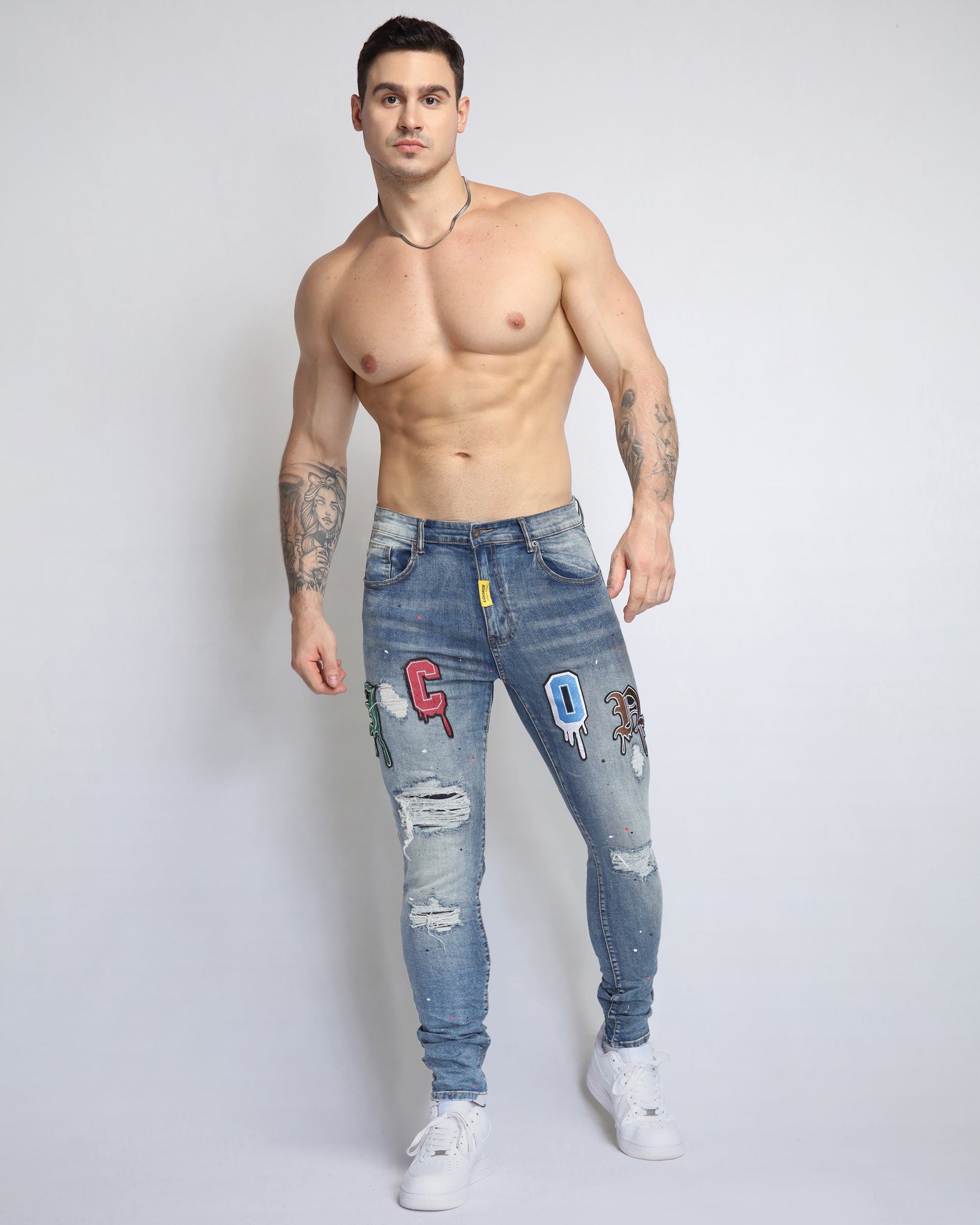 Slim Fit Blue Ripped Jeans with Patches
