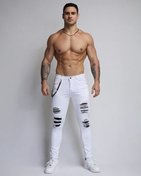 Large Ripped White Jeans with Black Patches