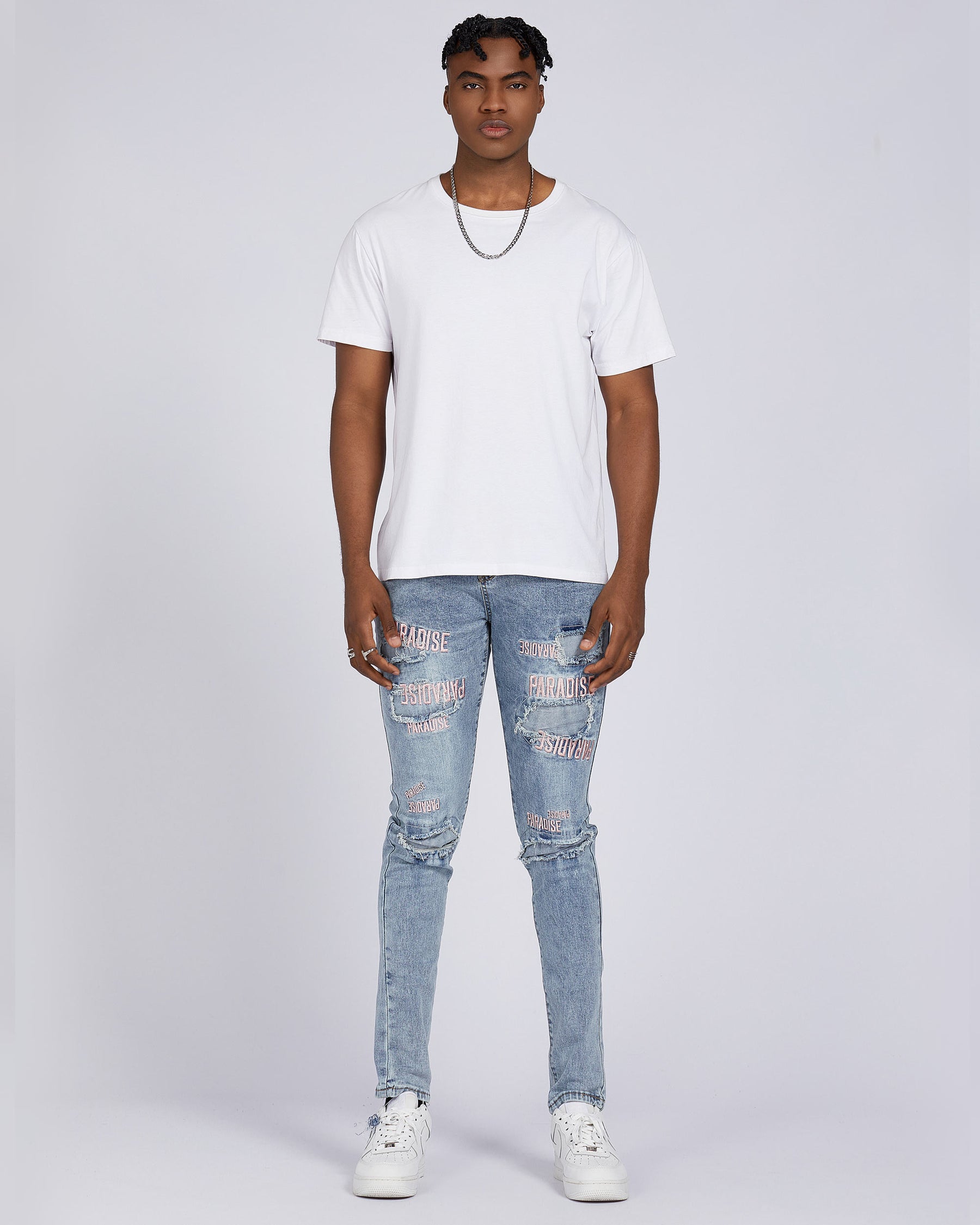 Light Wash Blue Rip & Repair Jeans with Embroidered