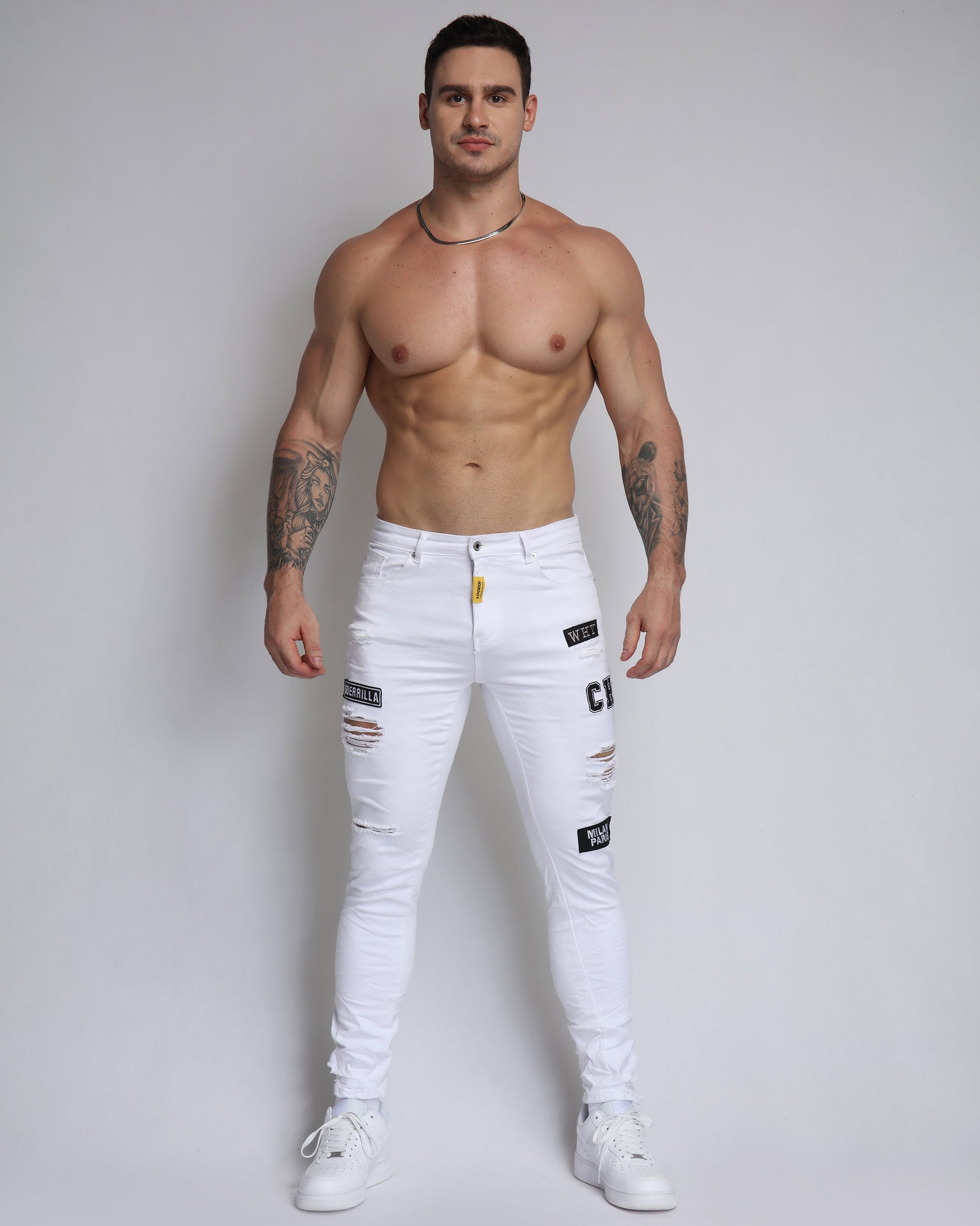 Skinny White Ripped Jeans with Letters Badge