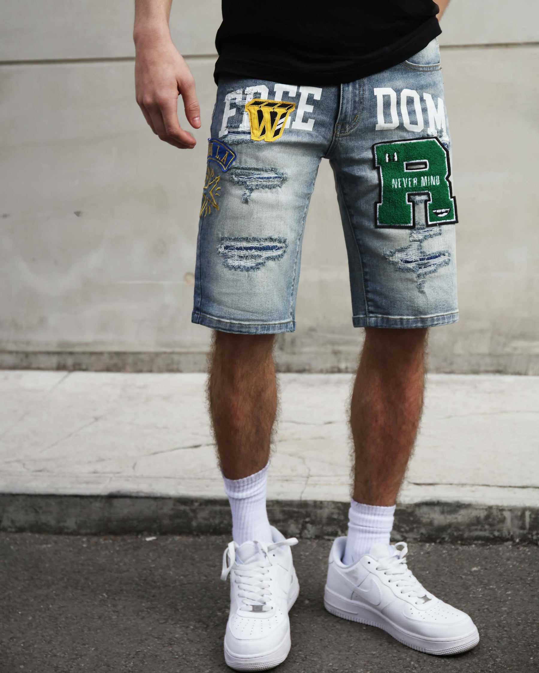 Ripped & Repaired Blue Denim Shorts with Embroidery