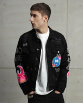 Ripped Black Denim Jacket with Embroidery and graffiti